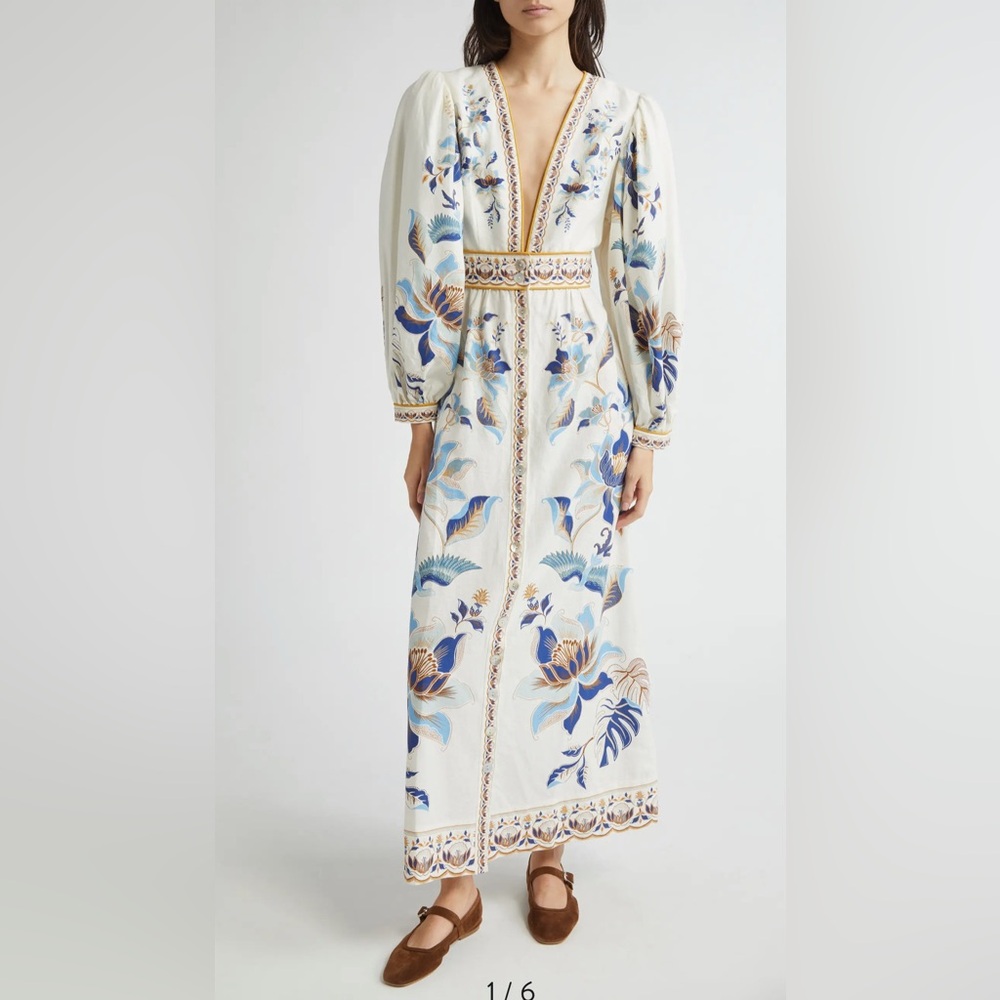 FARM Rio Mystic Blue Lotus Maxi Dress Blue White Beige